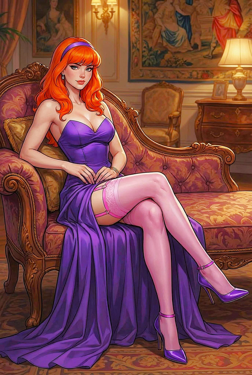 ai_generated breasts crossed_legs daphne_blake dress high_heels looking_at_viewer no_bra scooby-doo stockings thighs