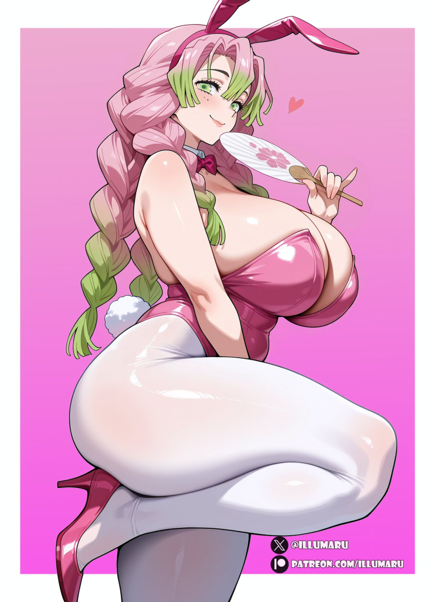 ai_generated bare_thighs blush braided_hair bunny_ears bunny_girl bunnysuit demon_slayer gigantic_breasts green_eyes grin huge_breasts huge_thighs illumaru kanroji_mitsuri kimetsu_no_yaiba light-skinned_female light_skin looking_at_viewer massive_breasts multicolored_hair pink_hair solo_female squatting sweat sweatdrop thick_body thick_female thick_thighs thighs voluptuous voluptuous_female