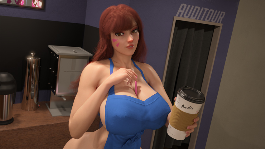 1girl 3d abs activision apron auditour blizzard_entertainment coffee d.va face_marks female hana_song hoodie huge_ass huge_breasts naked_apron nude overwatch solo