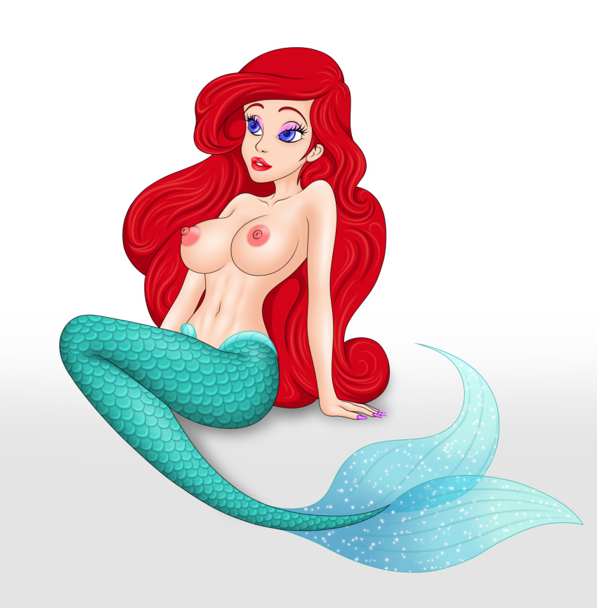 abs areola ariel ariel_(the_little_mermaid) big_breasts blue_eyes collarbone erect_nipples fingernails gradient_background lipstick long_hair makeup mermaid mermaid_tail nails_painted navel oniblonde oniblonde-art pink_nipples red_hair red_lipstick sidelocks sitting the_little_mermaid topless topless_female white_background