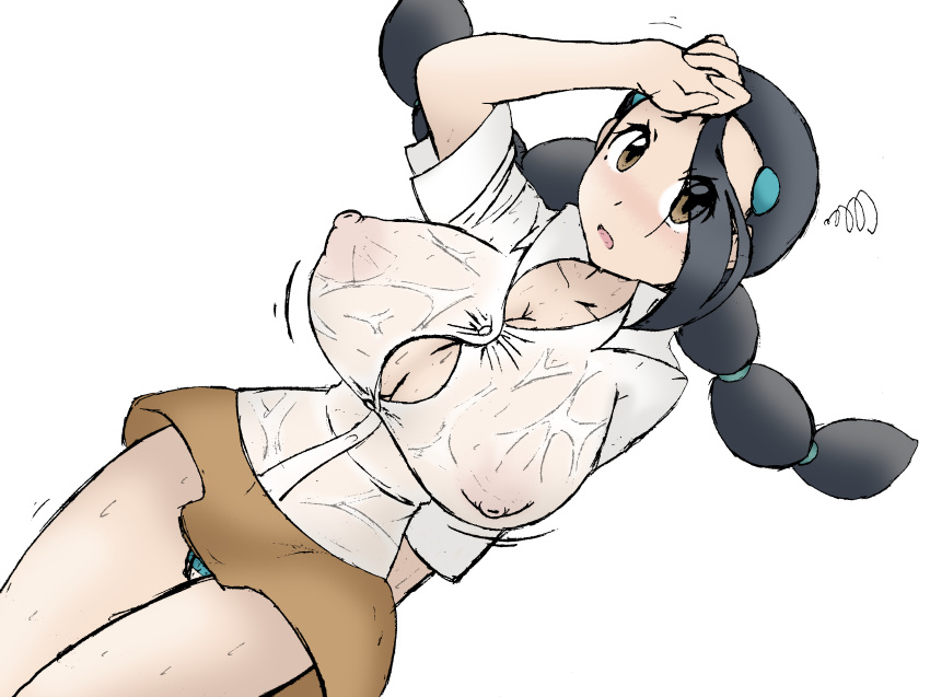 big_breasts breasts candice downzekd eyebrows_visible_through_hair eyes_visible_through_hair huge_breasts looking_at_viewer panties png pokemon see-through skirt sweat sweating taro_bug taro_bug_(artist)