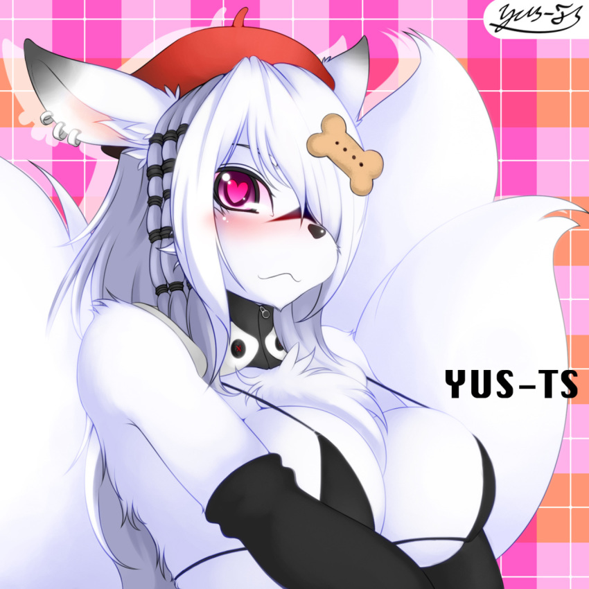 <3 <3_eyes 1girl 1girl abstract_background anthro armwear big_breasts bikini black_armwear black_nose blush bra breasts canine chest_tuft cleavage clothed clothing digital_media_(artwork) dog ear_piercing eyebrows eyelashes fur furry hair hair_over_eye half-length_portrait hat high_res inner_ear_fluff kemono long_hair looking_at_viewer mammal piercing portrait posture_collar signature simple_background swimsuit tuft underwear white_fur white_hair yus-ts