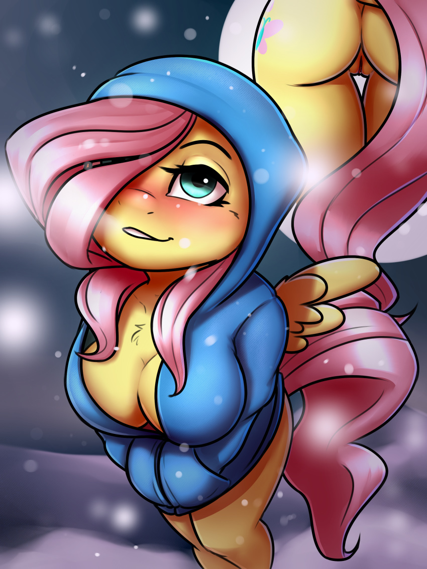 1girl 1girl 2017 anthro anthrofied ass blush bottomless breasts captainpudgemuffin clothed clothing cutaway cutie_mark equine eyebrows eyelashes feathered_wings feathers fluttershy_(mlp) friendship_is_magic furry hair hair_over_eye high_res hoodie looking_up mammal my_little_pony pegasus pink_hair pussy snow snowing standing thigh_gap wings