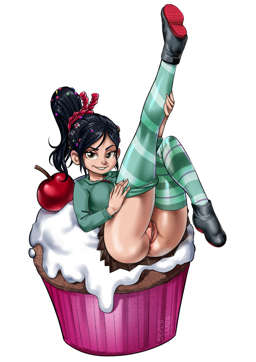 ass big_ass big_breasts breasts cherry_(fruit) cupcake disney edit female food no_panties photoshop pussy sketchlanza smile solo vanellope_von_schweetz wreck-it_ralph