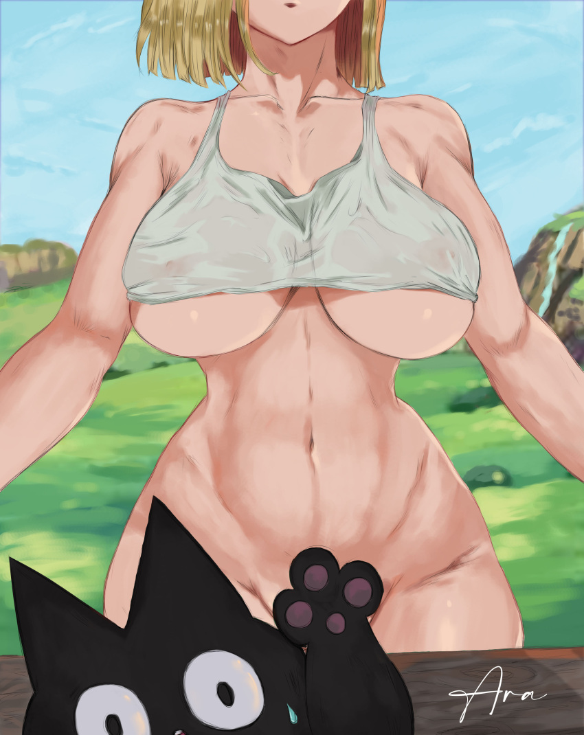 1girl abs android_18 araneesama big_breasts black_cat_(animal) blonde_hair bob_cut censored dragon_ball dragon_ball_z female_focus female_only fit_female light-skinned_female scratch_(dragon_ball) short_hair solo_female solo_focus tank_top wet_clothes