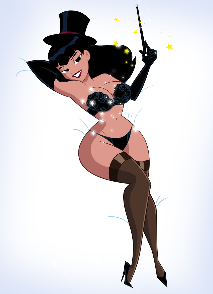 batman_(series) big_breasts black_eyes black_hair breasts cleavage dc_comics grimphantom justice_league justice_league_action lingerie looking_at_viewer magic wand zatanna zatanna_zatara