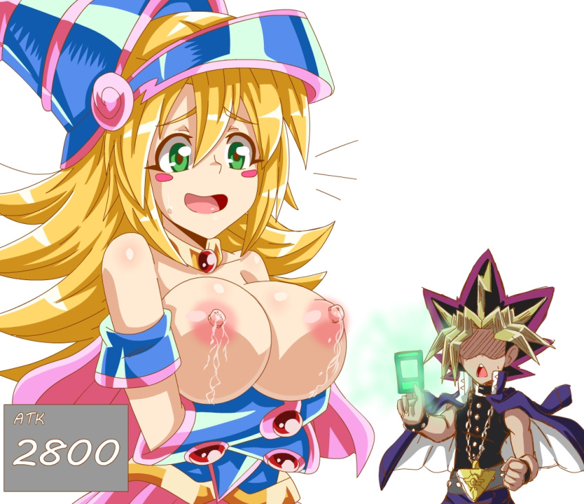 1_boy 1_female 1_girl 1_male 1boy 1girl blonde_hair breasts card clothed dark_magician_girl duo exposed_breasts female hair lewdamondo long_hair male male_human nipples standing yami_yugi yu-gi-oh!