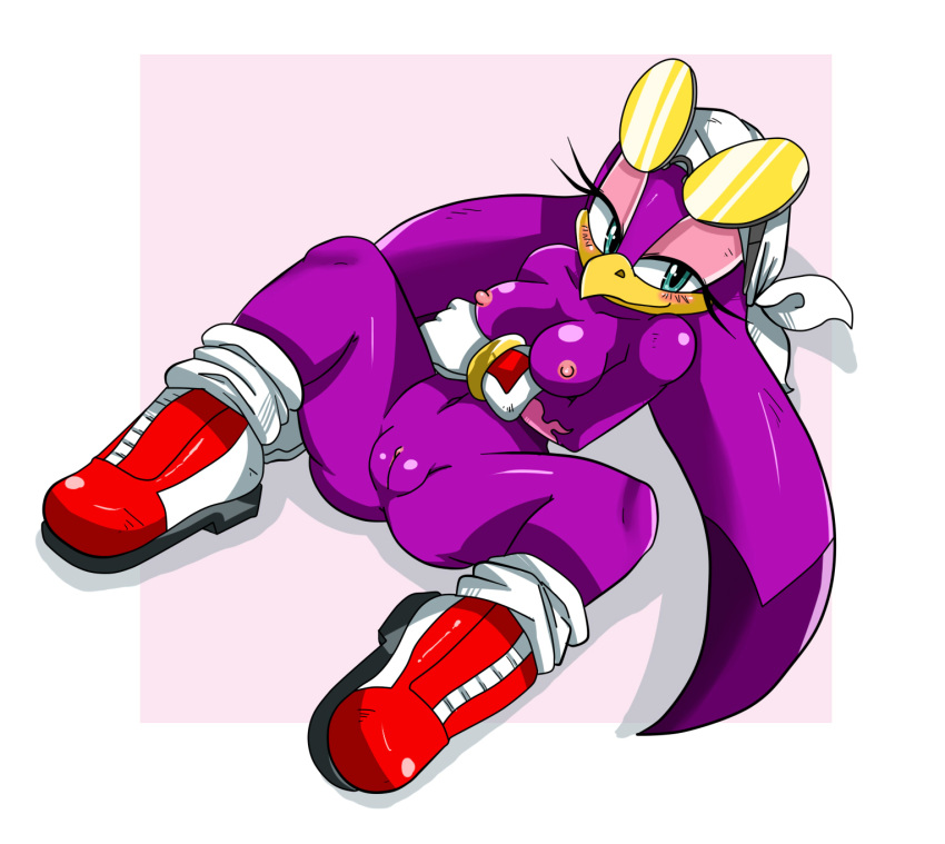 1girl 1girl anthro avian bandana beak bird blush breasts clothing digital_media_(artwork) eyewear glasses gloves lying mammal nipples nude on_back purple_pussy purple_skin pussy sega shiny simple_background sneakers sonic_riders spread_legs spreading sssonic2 sunglasses swallow_(bird) wave_the_swallow white_background white_socks