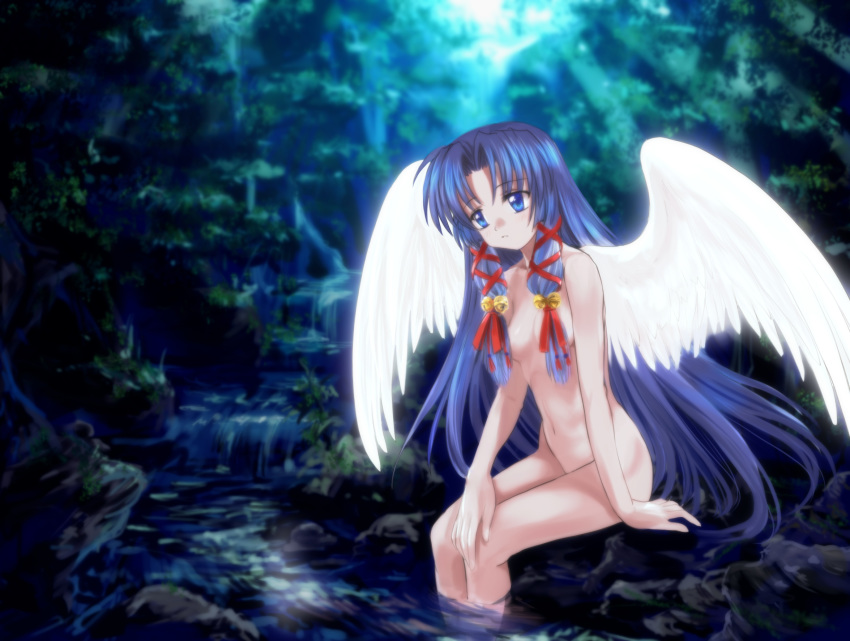 air air_(anime) angel angel_wings bell bells blue_hair hair_ribbon hair_ribbons highres kannabi_no_mikoto key_(company) long_hair moonknives mutsuki_(moonknives) nude ribbon water wings