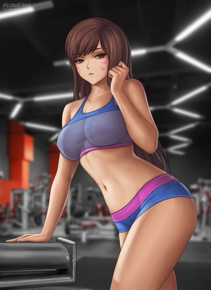 1girl 2d adapted_costume arm_support artist_logo bangs blizzard_entertainment blue_shorts blue_sports_bra blurry blurry_background breasts brown_eyes brown_hair clenched_hand collarbone cowboy_shot d.va detailed_background exercise_machine facepaint facial_mark flowerxl gym hana_song indoors long_hair looking_at_viewer medium_breasts midriff navel nipples_visible_through_clothing no_headwear overwatch overwatch_2 pants parted_lips shorts skin_tight sports_bra swept_bangs tight tight_pants whisker_markings