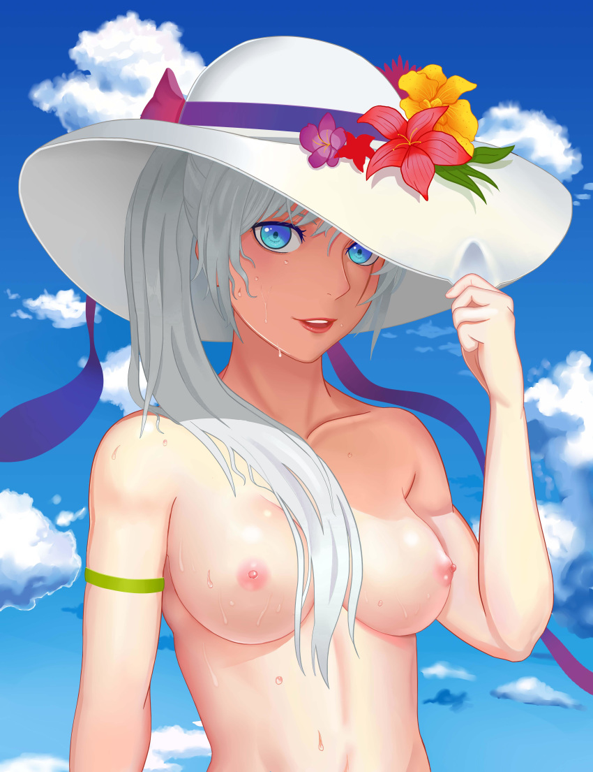 1girl areola blue_eyes breasts clavicle hair_over_shoulder hat high_resolution long_hair looking_at_viewer nipples parted_lips rwby simple_background sky very_high_resolution weiss_schnee wet white_hair zhao_shixuan