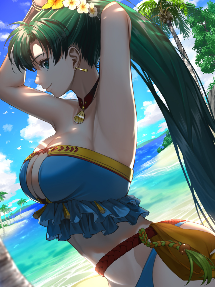 1girl adjusting_hair alluring bare_shoulders beach big_breasts bikini blue_bikini blue_eyes blue_sky cleavage cloud cloudy_sky delsaber earrings fire_emblem fire_emblem:_the_blazing_blade fire_emblem_heroes from_side green_hair head_wreath high_res intelligent_systems jewelry long_hair lyn lyn_(fire_emblem) lyn_(lady_of_the_beach)_(fire_emblem) lyndis lyndis_(fire_emblem) nintendo ocean palm_tree ponytail sand sky stomach strapless strapless_bikini swimsuit tree