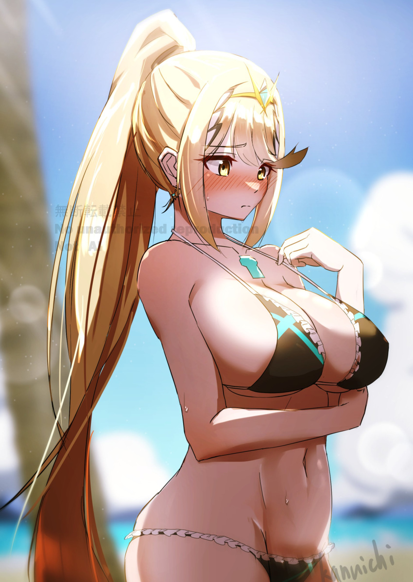 1girl absurd_res alluring alternate_costume alternate_hairstyle beach big_breasts bikini black_bikini blonde_hair blurry blurry_background blush chest_jewel collarbone core_crystal_(xenoblade) cowboy_shot high_ponytail high_res kanuici336 long_hair mythra_(xenoblade) navel ocean palm_tree ponytail sand swimsuit tree very_long_hair xenoblade_(series) xenoblade_chronicles_2 yellow_eyes
