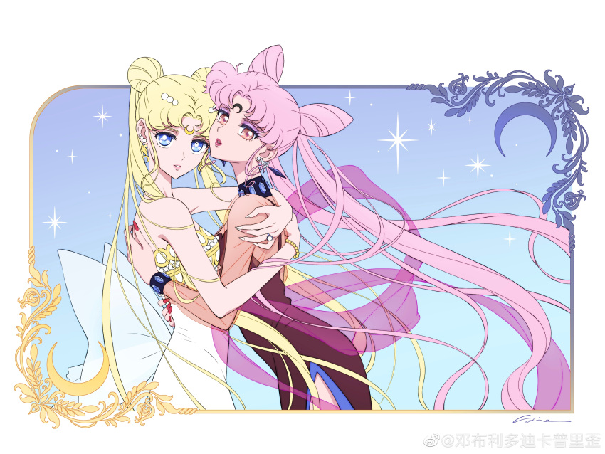 2_girls absurdly_long_hair adult_swim bare_arms bare_shoulders bishoujo_senshi_sailor_moon bishoujo_senshi_sailor_moon_r bishoujo_senshi_sailor_moon_r_the_movie bishoujo_senshi_sailor_moon_s bishoujo_senshi_sailor_moon_s_the_movie bishoujo_senshi_sailor_moon_supers bishoujo_senshi_sailor_moon_supers_the_movie black_choker black_lady_(sailor_moon) black_moon_clan blonde_female blue_eyes bracelet breasts brown_dress chibi_usa choker couple crown dark_persona double_bun dress duo earrings expressionless facial_mark floating_hair forehead_mark grin hair_bun hair_ornament head_tilt hugging incest jewelry lipstick long_dress long_hair long_sleeves love magical_girl makeup medium_breasts mother_&_daughter multiple_girls mutual_yuri nail_polish neck necklace neo_queen_serenity parted_bangs parted_lips pink_lips red_eyes red_lips red_nails ring romantic romantic_couple side_slit sidney_deng sidney_deng_(artist) smile standing strapless strapless_dress toei_animation toonami tsukino_usagi twin_tails usagi_tsukino very_long_hair white_dress white_nails yuri