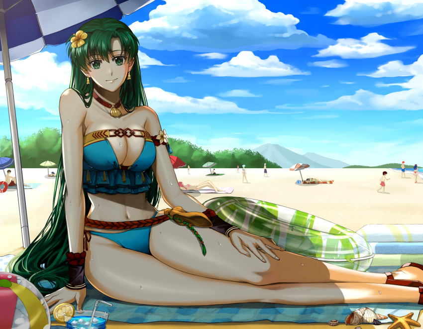 1girl absurd_res alluring alternate_costume asymmetrical_bangs ball_(object) bangs bare_legs bare_shoulders beach beach_towel beach_umbrella beachball big_breasts bikini blue_bikini blue_swimsuit brown_footwear cleavage cloud cloudy_sky day delsaber drink drinking_straw ear_piercing earrings fire_emblem fire_emblem:_the_binding_blade fire_emblem:_the_blazing_blade fire_emblem_heroes flower flower_in_hair food fruit gladiator_sandals glass green_eyes green_hair hair_down hair_flower hair_ornament high_res huge_filesize innertube jewelry lemon lemon_slice lilina_(fire_emblem) lips lipstick long_hair long_legs looking_at_viewer lyn lyn_(fire_emblem) lyndis lyndis_(fire_emblem) midriff mountain navel nintendo ocean official_alternate_costume outside parted_bangs roy_(fire_emblem) saber7 sand sandals seashell shell shell_necklace sitting sky smile solo_focus starfish swimsuit thighs towel tree umbrella very_long_hair water wet white_skin wristband