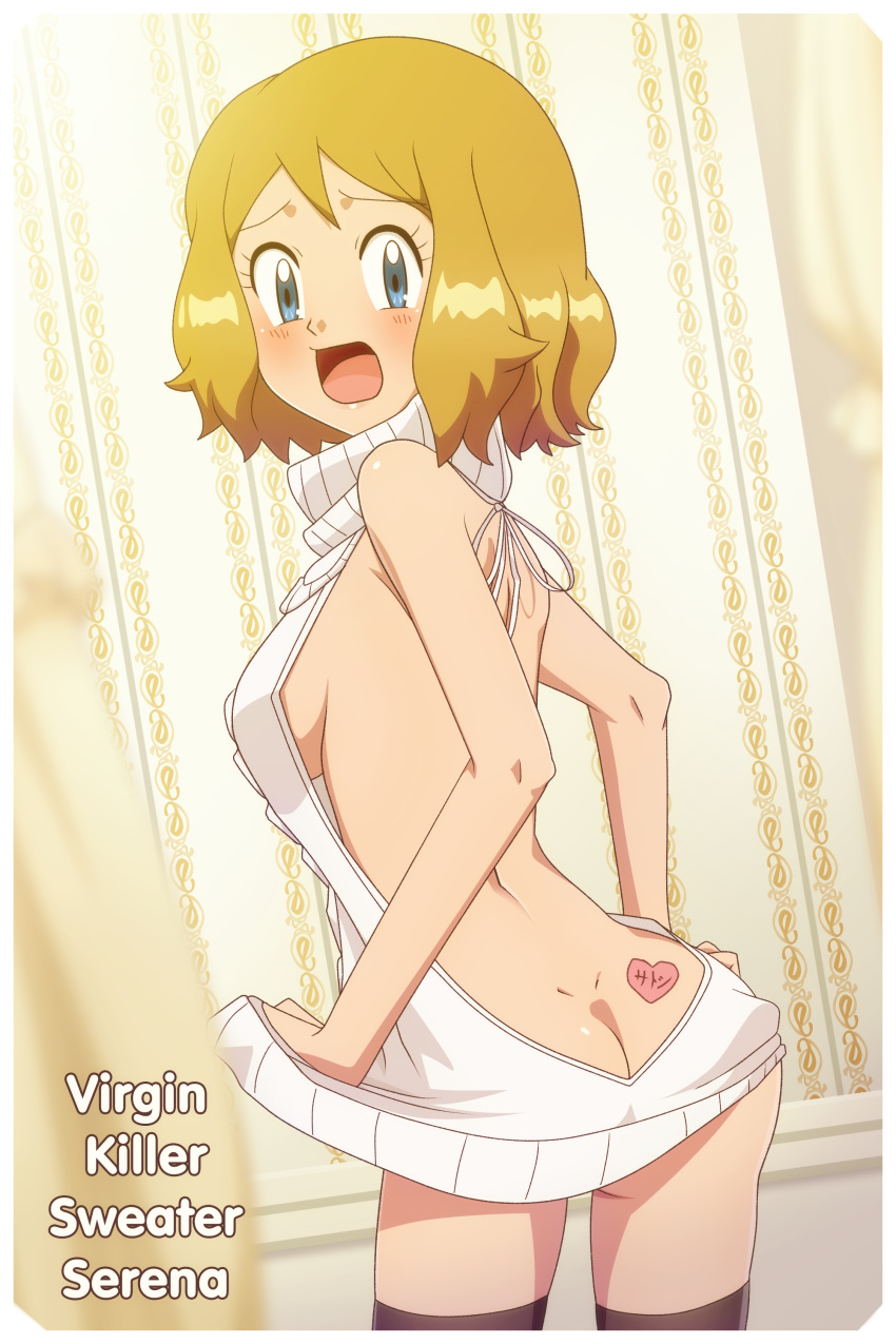 1_girl 1girl absurdres ass back backless_outfit bare_arms bare_back bare_shoulders black_legwear blonde_hair blue_eyes blush breasts brown_hair butt_crack character_name dress eyebrows eyelashes gazing_eye highres looking_at_viewer looking_back meme meme_attire naked_sweater open-back_dress open_mouth pokemon pokemon_(anime) pokemon_xy serena serena_(pokemon) short_hair sideboob solo sweater sweater_dress tattoo text thighhighs translated turtleneck turtleneck_sweater virgin_killer_sweater