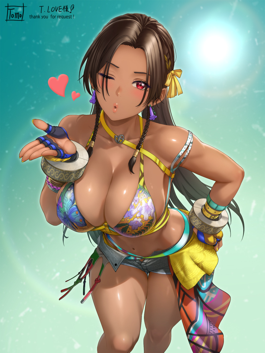 1girl 1girl 1girl alluring armband barefoot big_breasts bikini black_hair black_shorts blowing_kiss bra cleavage clothes_around_waist dark-skinned_female dark_skin earrings fingerless_gloves floral_print floral_print_bikini gloves green_armband heart high_res jewelry long_hair looking_at_viewer miary_zo multicolored_bra nail_polish namco one_eye_closed padded_gloves print_bikini red_eyes short_shorts shorts smile swimsuit tekken tekken_8 tomo_eokaiteru underwear yellow_nails