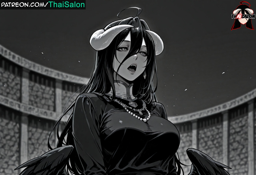 1girl 1girl 1girl 1girls ahoge ai_assisted ai_generated albedo_(overlord) big_breasts black_dress black_hair black_wings breasts chromatic_abberation demon_girl demon_horns dress eyebrows eyelashes eyeliner eyeshadow fangs feathered_wings greyscale hires horns jewelry lipstick long_hair makeup monochrome open_mouth overlord_(maruyama) patreon patreon_username sexually_suggestive singing stable_diffusion tagme teeth thaisalon watermark wings