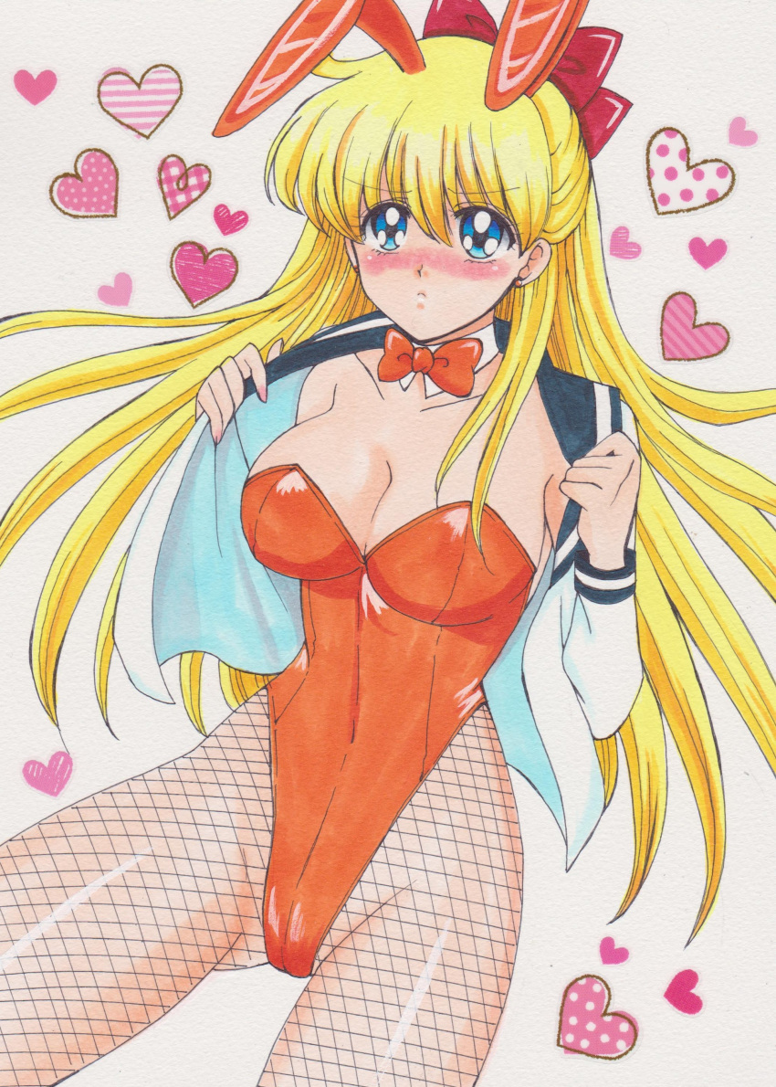 1990s_(style) 1girl absurd_res adult_swim alluring animal_ears big_breasts bishoujo_senshi_sailor_moon bishoujo_senshi_sailor_moon_r bishoujo_senshi_sailor_moon_r_the_movie bishoujo_senshi_sailor_moon_s bishoujo_senshi_sailor_moon_s_the_movie bishoujo_senshi_sailor_moon_supers bishoujo_senshi_sailor_moon_supers_the_movie blonde_hair detached_collar fake_animal_ears high_res long_hair minako_aino open_school_shirt playboy_bunny rabbit_ears rascal_(n119) retro_artstyle sailor_venus toei_animation toonami