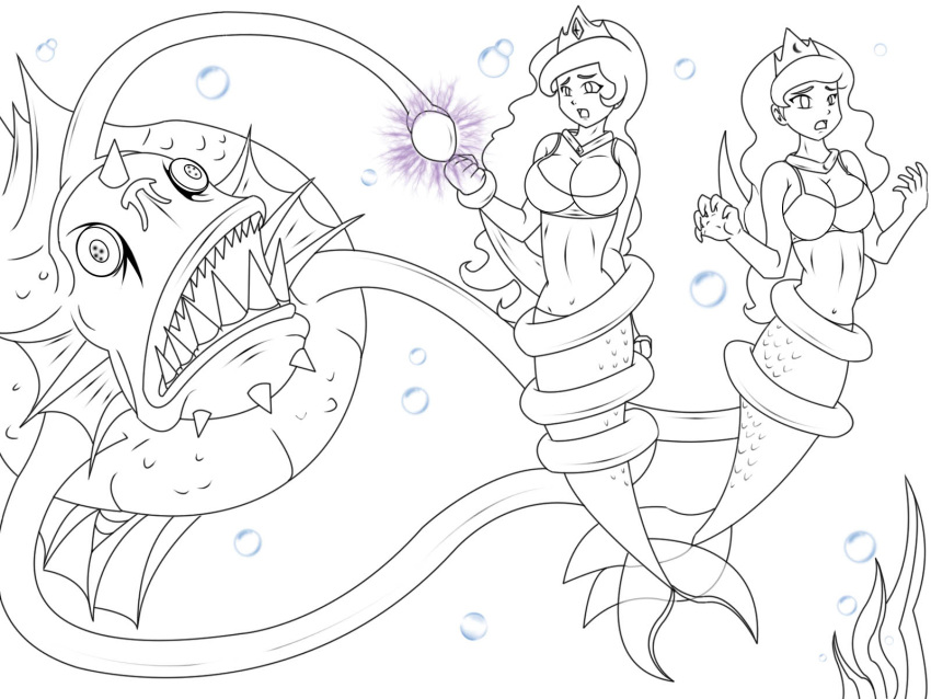 2014 2girls 4:3 abs alternate_species ambiguous_gender anglerfish bikini bikini_top breasts cleavage clothed clothing crown dlobo777 empty_eyes female feral fish fish_tail friendship_is_magic greyscale group hasbro headgear high_res humanoid_merfolk hypnosis imminent_vore line_art lure_(anatomy) marine merfolk mind_control monochrome my_little_pony navel open_mouth princess_celestia princess_celestia_(mlp) princess_luna princess_luna_(mlp) restrained_arms sea_monster seaweed sharp_teeth sibling_(lore) simple_background sister_(lore) sisters_(lore) small_waist split_form swimwear teeth tentacle tentacle_around_body tentacle_around_wrist trio two-piece_swimsuit underwater water white_background