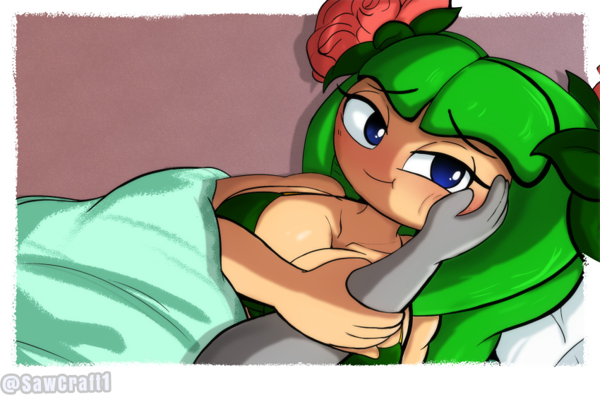 1girl 2025 4kids_entertainment aged_up alien alien_girl alien_humanoid anon big_breasts blanket blue_eyes breasts commission commission_art cosmo_the_seedrian cosmo_the_seedrian_(adult) female grabbing_arm green_bra green_clothes green_clothing green_pseudo_hair huge_breasts in_bed plant_girl plant_humanoid sawcraft1 seedrian sonic_(series) sonic_the_hedgehog_(series) sonic_x tms_entertainment