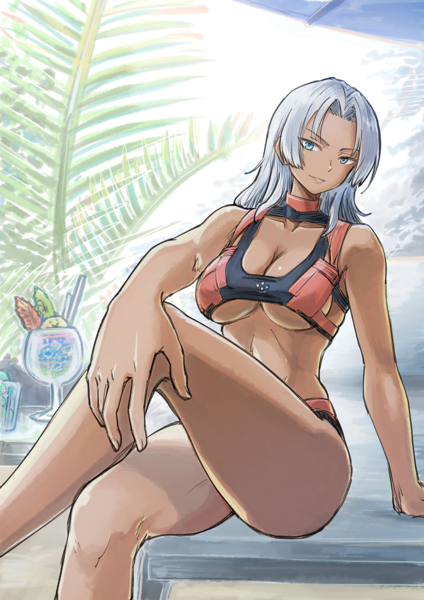 1girl 1girl absurd_res alluring big_breasts bikini blue_eyes cleavage closed_mouth cocktail cocktail_glass crossed_legs cup dark-skinned_female dark_skin drinking_glass drinking_straw elma_(xenoblade_x) feet_out_of_frame hand_on_own_knee high_res long_hair looking_at_viewer navel nemimin palm_tree red_bikini sitting swimsuit tree tropical_drink under_boob white_hair xenoblade_(series) xenoblade_chronicles_x