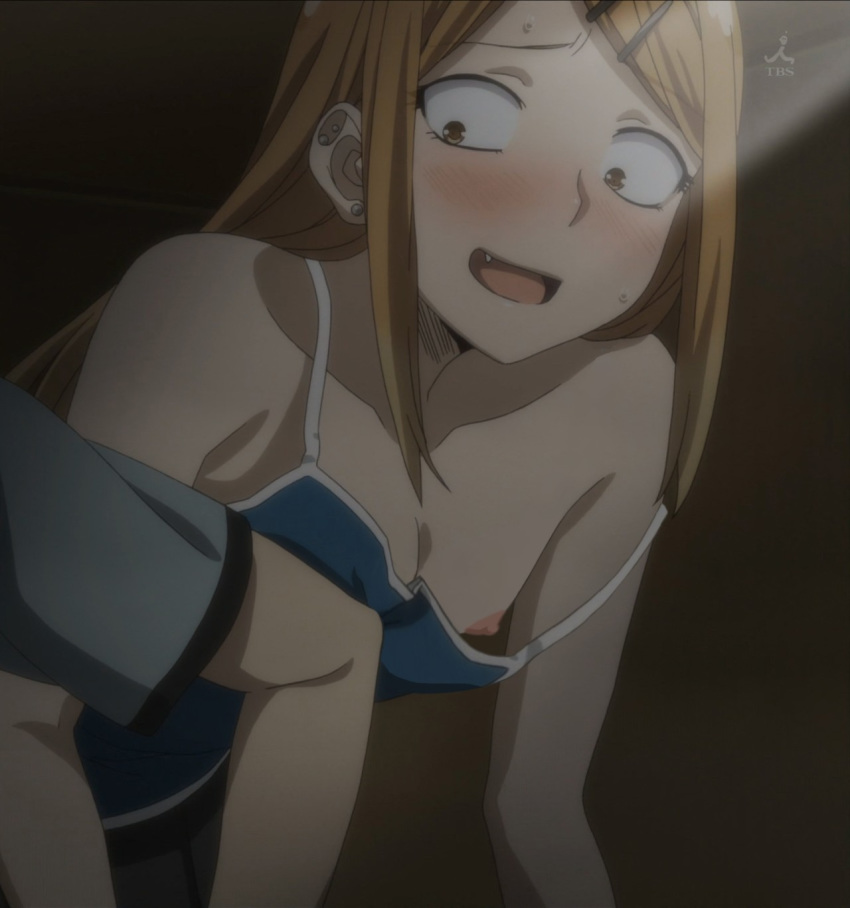 1boy 1girl anime bare_shoulders blonde blush breasts dagashi_kashi ecchi edit embarrassed endou_saya_(dagashi_kashi) fang hair_ornament hairclip high_resolution nipples no_bra nude_filter o_o off_shoulder open_clothes open_mouth photoshop small_breasts smile strap_slip