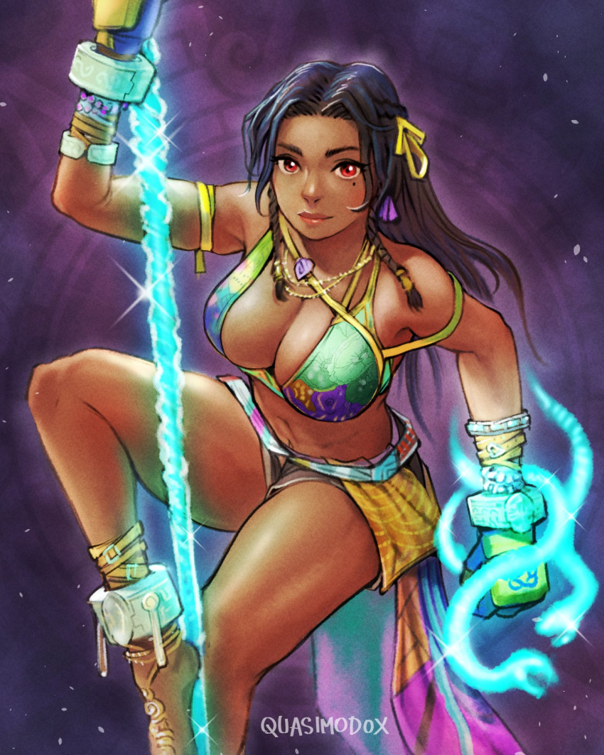 1girl 1girl alluring anklet artist_name bare_shoulders big_breasts black_hair black_shorts cleavage closed_mouth dark-skinned_female dark_skin female_focus fingerless_gloves gloves hair_ribbon high_res holding holding_staff jewelry lips looking_at_viewer miary_zo mma_gloves mole mole_under_eye namco navel quasimodox red_eyes ribbon sarong short_shorts shorts smile staff tekken tekken_8 unzipped yellow_ribbon