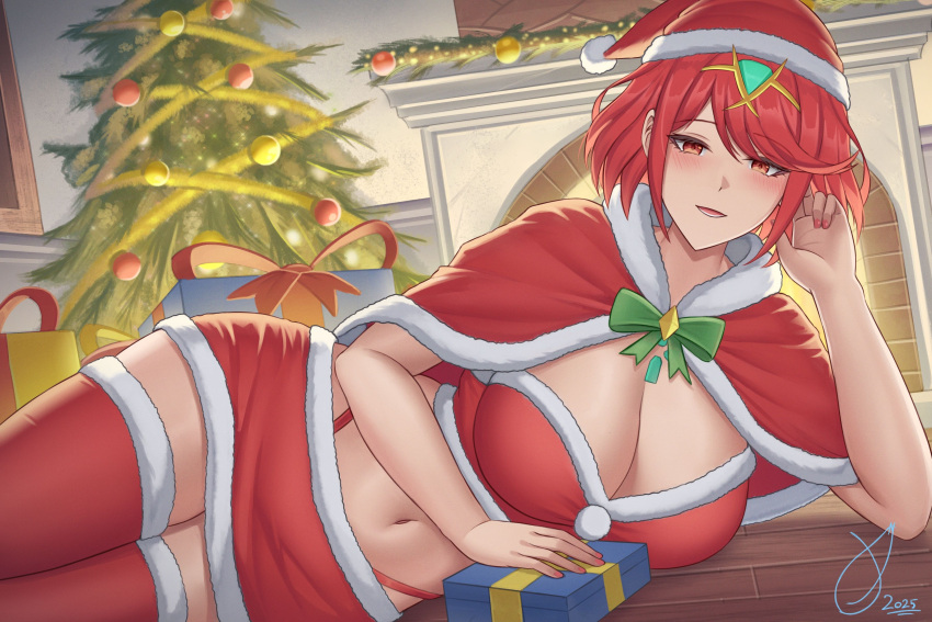 1girl alluring big_breasts by_fireplace christmas christmas_present cleavage fireplace ghonky heroine milf nintendo pin_up pyra_(xenoblade) red_eyes red_hair santa_hat santa_outfit xenoblade_(series) xenoblade_chronicles_2