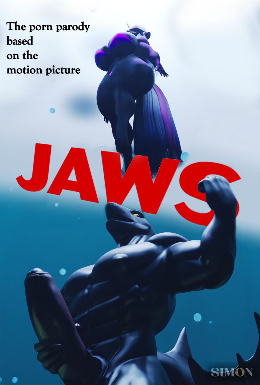 1boy 1girl 3d_(artwork) anthro big_breasts bikini bikini_bottom bikini_top breasts clothing curvy_figure digital_media_(artwork) duo english_text equid equine female fish friendship_is_magic genitals hasbro high_res holding_penis horn humanoid jaws_(film) low-angle_view male male/female mammal marine muscular muscular_male my_little_pony mythological_creature mythological_equine mythology parody pecs penis s1m0n shark swimwear tail text twilight_sparkle twilight_sparkle_(mlp) two-piece_swimsuit underwater underwater_scenery unicorn universal_studios voluptuous water wide_hips