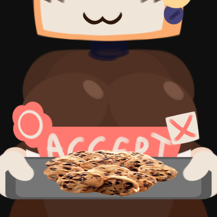 1:1 1girl 2025 :3 absurd_res baker big_breasts blush_lines breasts_focus brown_body cleavage coil cookies cookieware curvy die_of_death food_focus haileyjpeg high_res holding_tray machine mittens mostly_nude oven roblox roblox_game robot robot_girl robot_humanoid screen_face smile