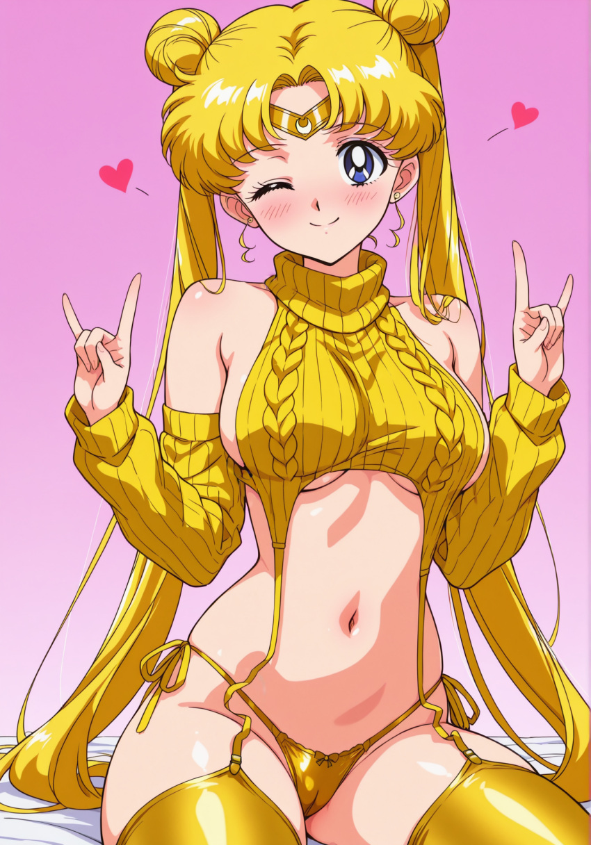 1girl accurate_art_style adult_swim alluring big_breasts bishoujo_senshi_sailor_moon bishoujo_senshi_sailor_moon_r bishoujo_senshi_sailor_moon_r_the_movie bishoujo_senshi_sailor_moon_s bishoujo_senshi_sailor_moon_s_the_movie bishoujo_senshi_sailor_moon_supers bishoujo_senshi_sailor_moon_supers_the_movie blonde_hair blue_eyes double_v gold_lingerie lingerie nightcore_(artist) toei_animation toonami underboob usagi_tsukino winking