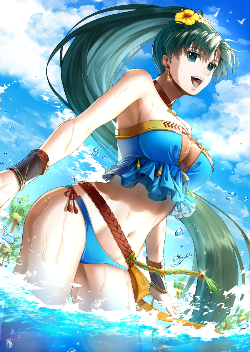 1girl alluring bare_shoulders beach belt big_breasts bikini bird blue_bikini blue_sky choker cleavage cloud coconut coconut_tree day delsaber earrings fire_emblem fire_emblem:_the_blazing_blade fire_emblem_heroes flower green_eyes hair_flower hair_ornament high_res intelligent_systems jewelry long_hair lyn lyn_(fire_emblem) lyn_(lady_of_the_beach)_(fire_emblem) lyndis lyndis_(fire_emblem) lyndish navel necklace nintendo ocean official_alternate_costume open_mouth palm_tree partially_submerged ponytail shell sky smile splashing strapless strapless_bikini sunlight swimsuit tassel tree very_long_hair wading water water_drop wrist_cuffs yellow_flower