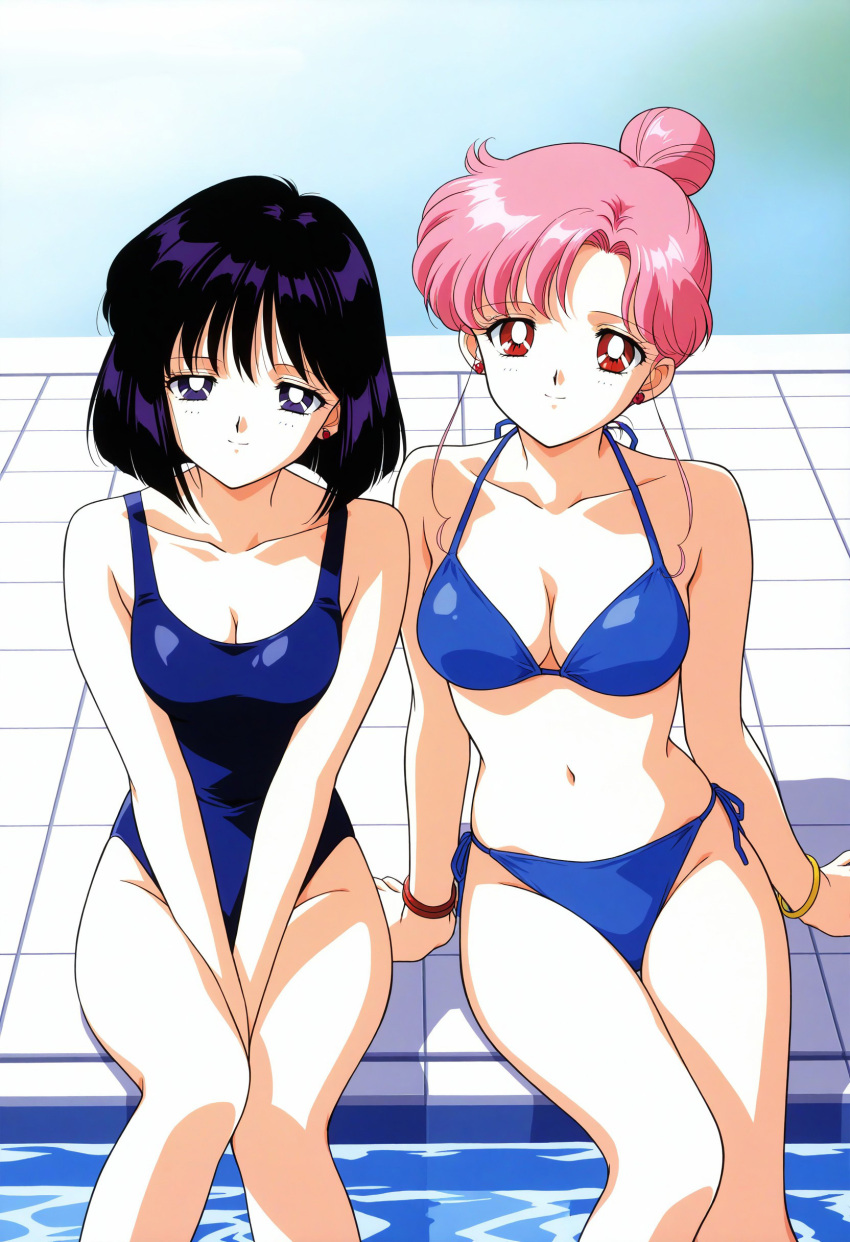 1990s_(style) 2_girls accurate_art_style adult_swim alluring bikini bishoujo_senshi_sailor_moon bishoujo_senshi_sailor_moon_r bishoujo_senshi_sailor_moon_s bishoujo_senshi_sailor_moon_supers black_hair chibi_usa cleavage hotaru_tomoe kaoru_irono magenta_eyes medium_breasts one-piece_bikini pink_hair purple_eyes retro_artstyle swimming_pool toei_animation toonami two-piece_bikini