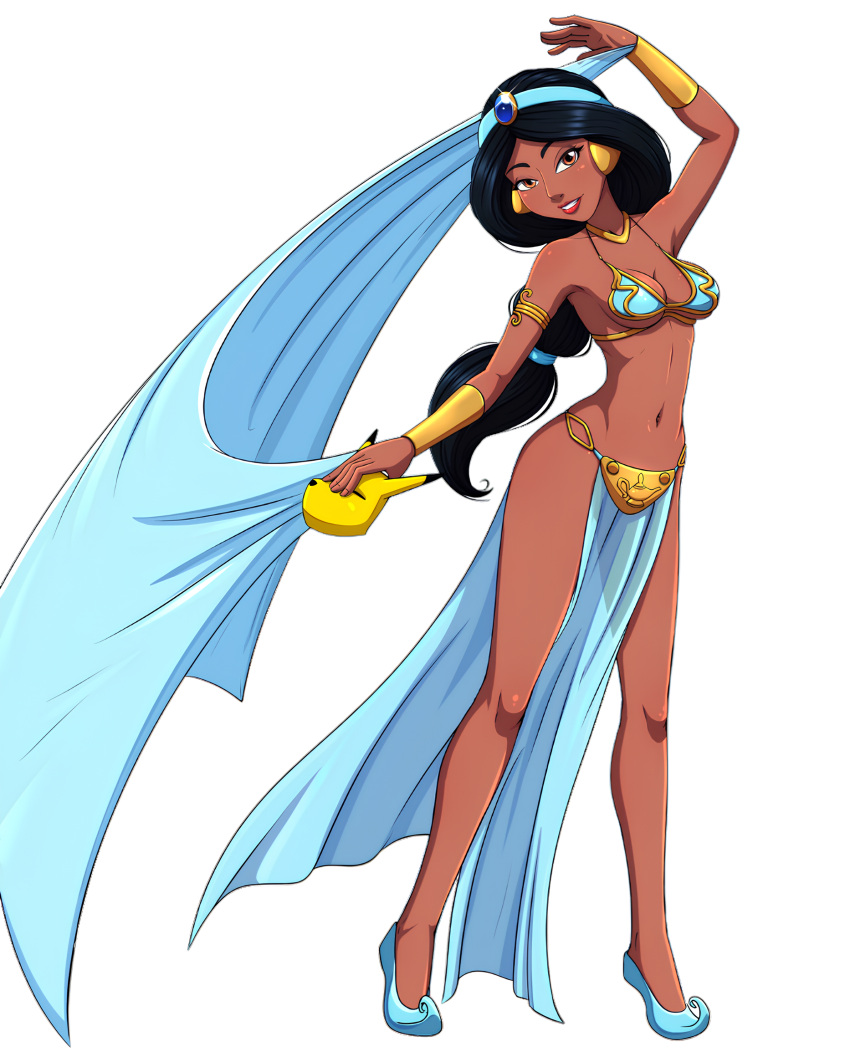 1girl aladdin_(series) arms_up black_hair dark-skinned_female disney disney_princess female_focus harem_outfit long_hair mantle mask navel princess_jasmine simple_background transparent_clothing white_hair