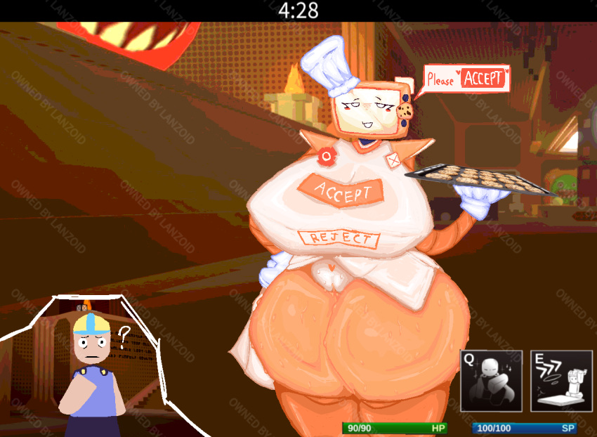 1girl 2025 ? asking baker blush_stickers bottomless breasts chef_hat civilian_(die_of_death) cookies cookieware die_of_death exposed_pussy female_focus game_ui gameplay_mechanics gloves hat high_res holding_food holding_tray huge_breasts lanzoid machine nipples_visible_through_clothing orange_body oven pussy roblox roblox_game robot robot_girl robot_humanoid screen_face sweat talking text thick_thighs thighs toque toque_blanche voluptuous watermark white_eyes wide_hips