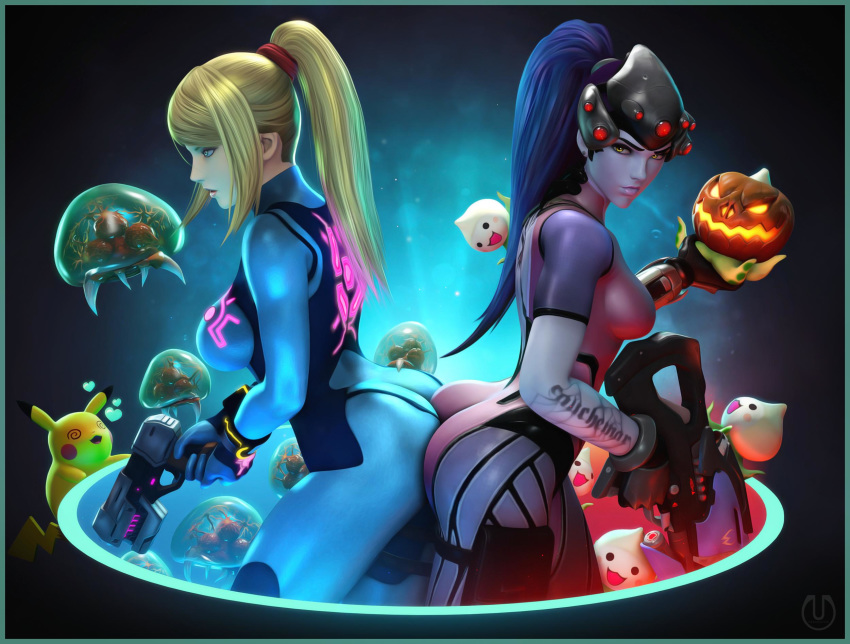 ass ass-to-ass ass_to_ass big_ass big_breasts breasts crossover gun jack-o'-lantern jack_o_lantern metroid overlook overwatch pikachu pokemon ponytail porkyman pumpkin samus_aran super_smash_bros. weapon widowmaker widowmaker_(overwatch)