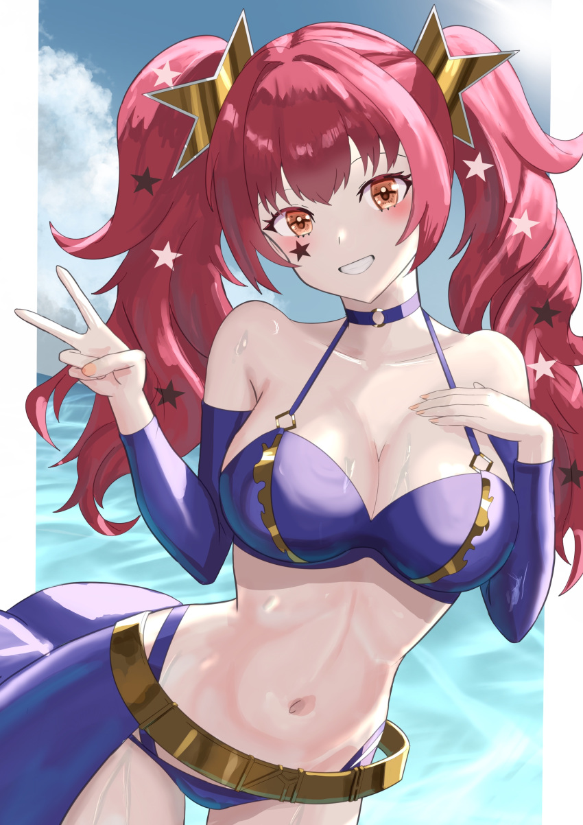 1girl 1girl absurd_res alluring alternate_costume alternate_hairstyle bare_shoulders belt big_breasts bikini blush choker cleavage collarbone detached_sleeves facial_mark fire_emblem fire_emblem_engage gold_belt hair_ornament high_res intelligent_systems long_hair long_sleeves looking_at_viewer navel nintendo ocean open_mouth purple_bikini purple_choker purple_sarong red_eyes red_hair sarong smile star_(symbol) star_facial_mark star_hair_ornament stomach swimsuit tarutaru193 teeth twin_tails v water yellow_belt yunaka_(fire_emblem)