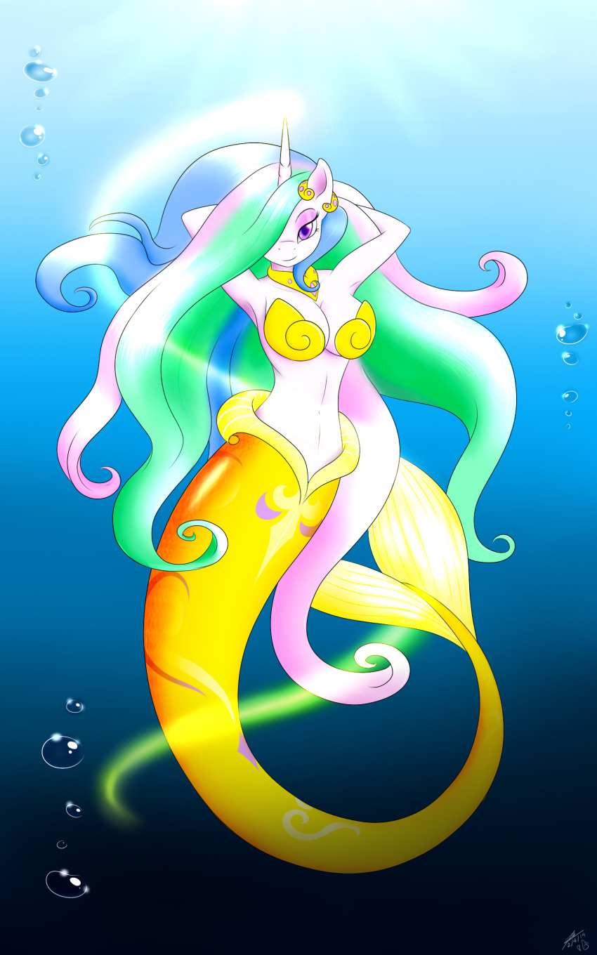 1girl 2014 5:8 absurd_res anthro blueondrive breasts bubble cleavage clothed clothing equid equine eyeshadow female friendship_is_magic fur hair hair_over_eye hands_behind_head hasbro high_res horn jewelry long_hair looking_at_viewer makeup mammal marine merfolk mermaid_tail multicolored_hair my_little_pony mythological_creature mythological_equine mythology necklace princess_celestia princess_celestia_(mlp) purple_eyes scales seashell_bikini small_waist smile solo split_form tail underwater unicorn water white_body white_fur yellow_body yellow_scales yellow_tail