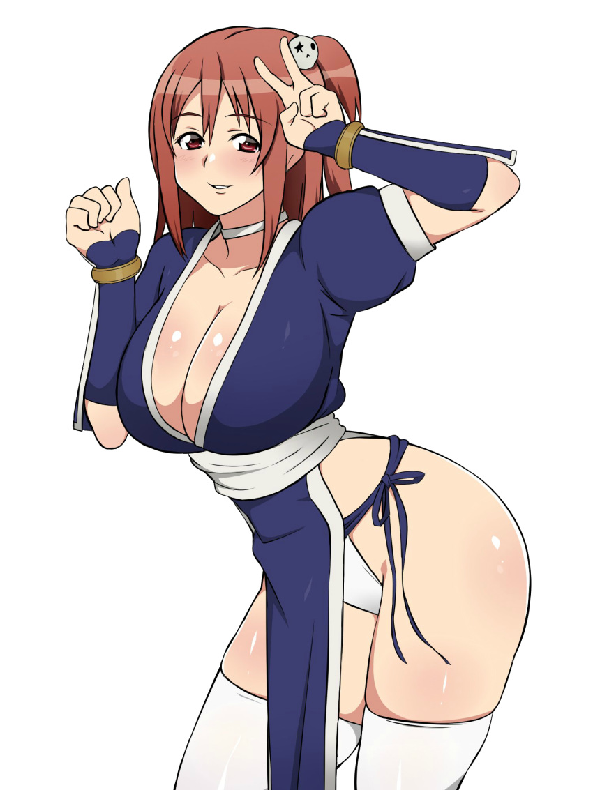 1girl 1girl arm_guards blush body_blush breasts brown_eyes brown_hair choker cleavage contrapposto cosplay dead_or_alive grin high_res honoka_(doa) huge_breasts kagemusha kasumi_(doa) kasumi_(doa)_(cosplay) leaning_forward looking_at_viewer no_bra obi one_side_up panties pelvic_curtain sash side-tie_panties side_slit smile standing stockings underwear v white_legwear white_panties