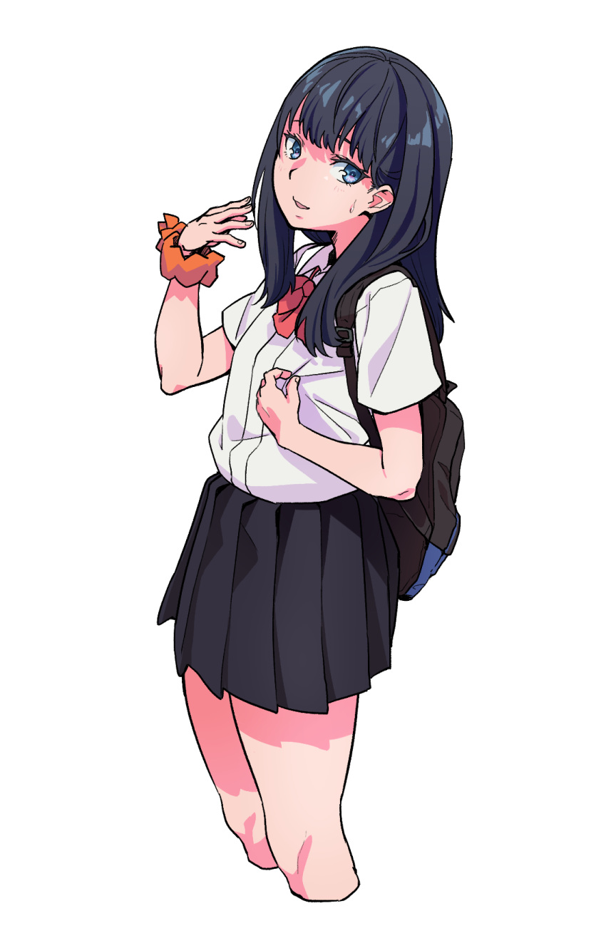 1girl bare_legs black_hair blue_eyes female_solo long_hair looking_at_viewer nukosann nukosann_(artist) school_girl scrunchie ssss.gridman standing takarada_rikka