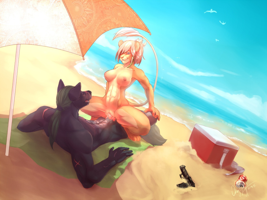 anthro beach beverage big_penis breasts can canine clitoris cooler cowgirl_position feline furry gun handgun mammal marooned nipples on_top penis pistol pussy ranged_weapon samanya_mohatu sand seaside sex soda towel umbrella water weapon wolf