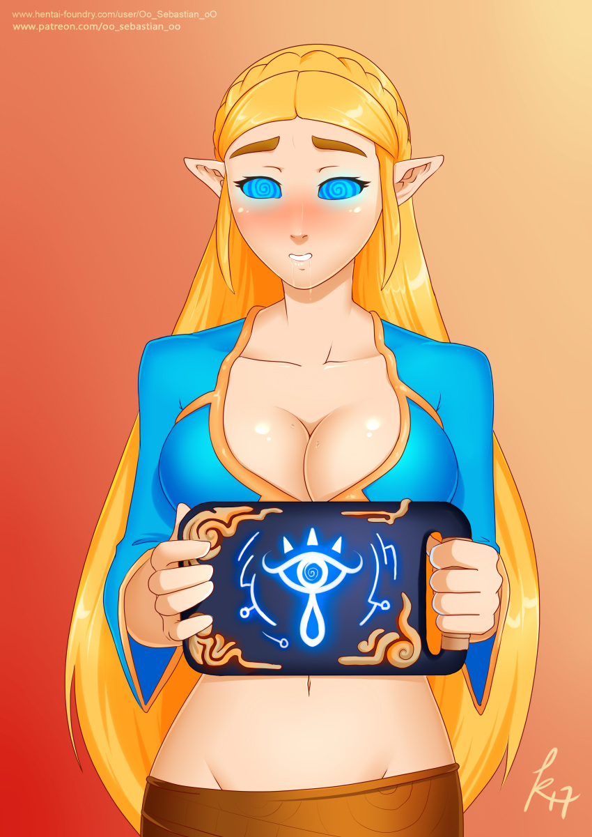 big_breasts breasts breath_of_the_wild cleavage female happy_trance hypnotic_screen mind_control nintendo oo_sebastian_oo princess_zelda solo spiral_eyes tech_control the_legend_of_zelda