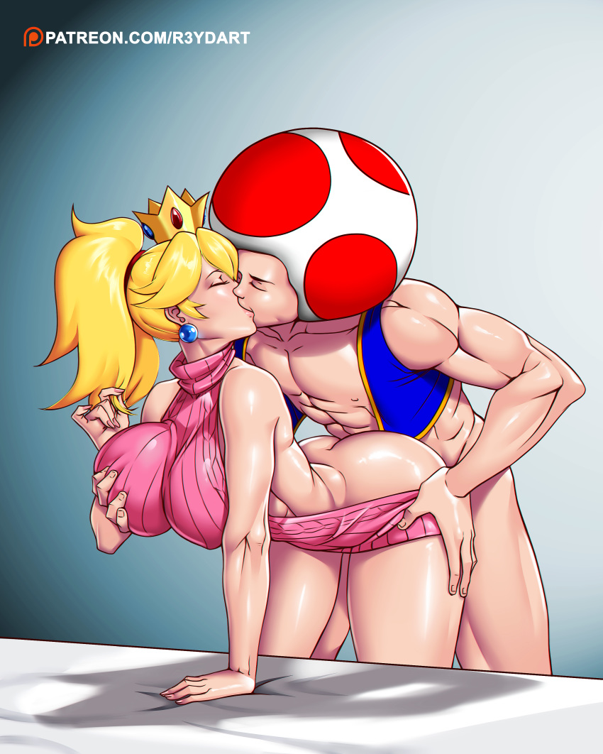 ass ass_grab big_ass big_breasts bottomless breast_grab breasts kissing mario_(series) nintendo princess_peach r3ydart super_mario_bros. sweater toad_(mario) virgin_killer_sweater