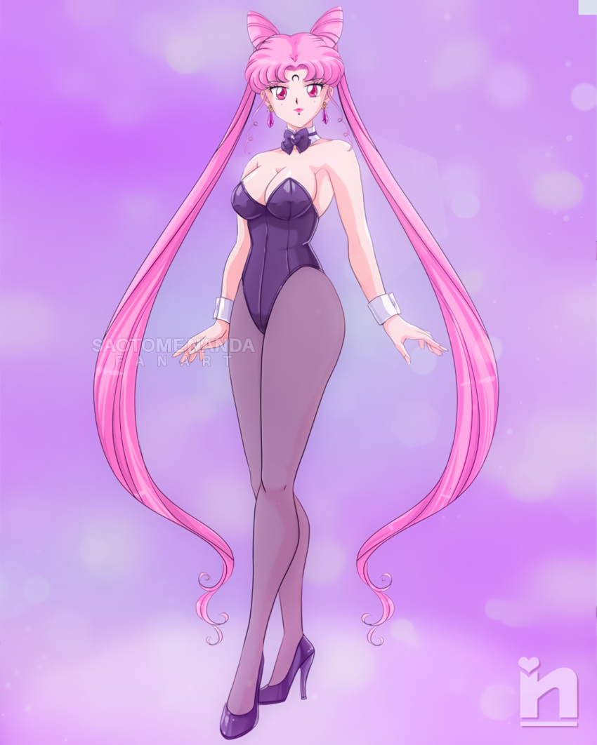 1girl 1girl aged_up alluring big_breasts bishoujo_senshi_sailor_moon bishoujo_senshi_sailor_moon_r black_lady_(sailor_moon) bow bowtie chibi_usa collarbone cone_hair_bun crescent crescent_facial_mark crystal_earrings dark_persona detached_collar double_bun earrings facial_mark forehead_mark hair_bun heroine high_heels jewelry leotard lips long_hair pantyhose parted_bangs pink_hair playboy_bunny purple_footwear purple_leotard red_eyes saotome_nanda strapless strapless_leotard very_long_hair wrist_cuffs