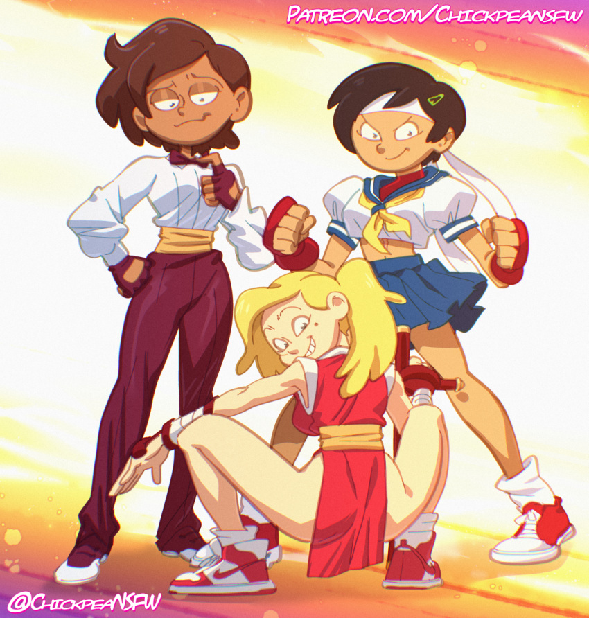 1girl 2025 3_girls amphibia anne_boonchuy asian_female black_hair blonde_female blonde_hair bowtie brown_hair capcom capcom_vs_snk cheeky_smile chickpea color cosplay crossover_cosplay dark-skinned_female digital digital_drawing_(artwork) disney disney_channel female_focus female_only final_fight fingerless_gloves gradient_background king_(snk) king_(snk)_(cosplay) king_of_fighters light-skinned_female looking_at_viewer maki_genryusai_(cosplay) marcy_wu nike_shoes ponytail purple_background sailor_uniform sakura_kasugano_(cosplay) sasha_waybright school_uniform schoolgirl sfw short_hair simple_background skirt smile snk squatting standing street_fighter taiwanese thai trio twitter_link white_female