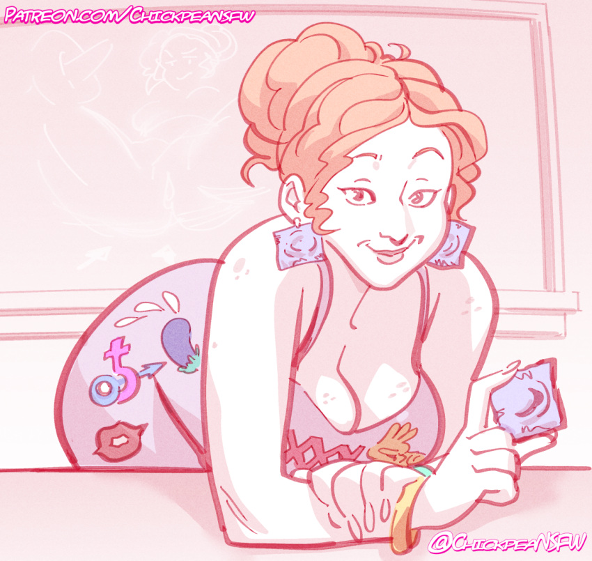 1girl 1girls 2025 blackboard chickpea classroom clothed_female condom condom_earring digital_drawing_(artwork) female_only freckles freckles_on_breasts ginger holding_condom leaning_forward leaning_on_desk limited_palette little_kid&rsquo;s_show looking_at_viewer ms._frizzle red_hair smile the_magic_school_bus