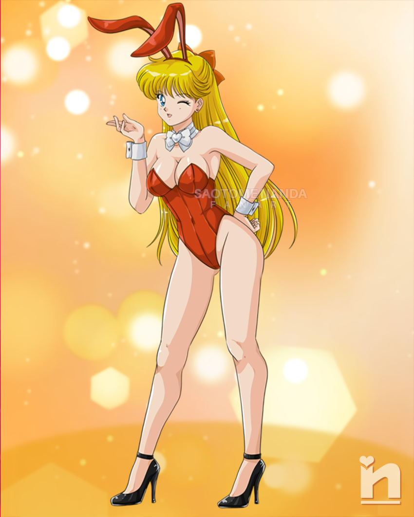 1girl 1girl animal_ears bishoujo_senshi_sailor_moon blonde_hair blue_eyes bow bowtie breasts detached_collar fake_animal_ears female_focus full_body hair_bow high_heels leotard long_hair looking_at_viewer medium_breasts minako_aino one_eye_closed orange_bow orange_leotard playboy_bunny rabbit_ears saotome_nanda smile standing strapless strapless_leotard wrist_cuffs