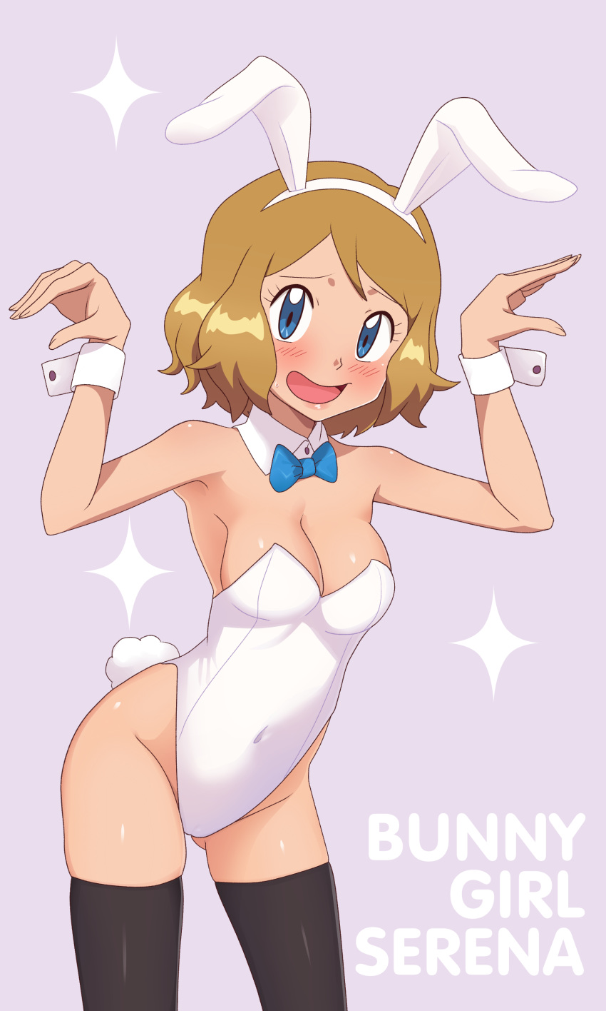 animal_ears animal_tail blue_bow blue_bowtie blush bow bowtie bunny_ears bunny_tail bunnysuit character_name cleavage gazing_eye looking_at_viewer pokemon pokemon_(anime) pokemon_xy serena serena_(pokemon) sweatdrop