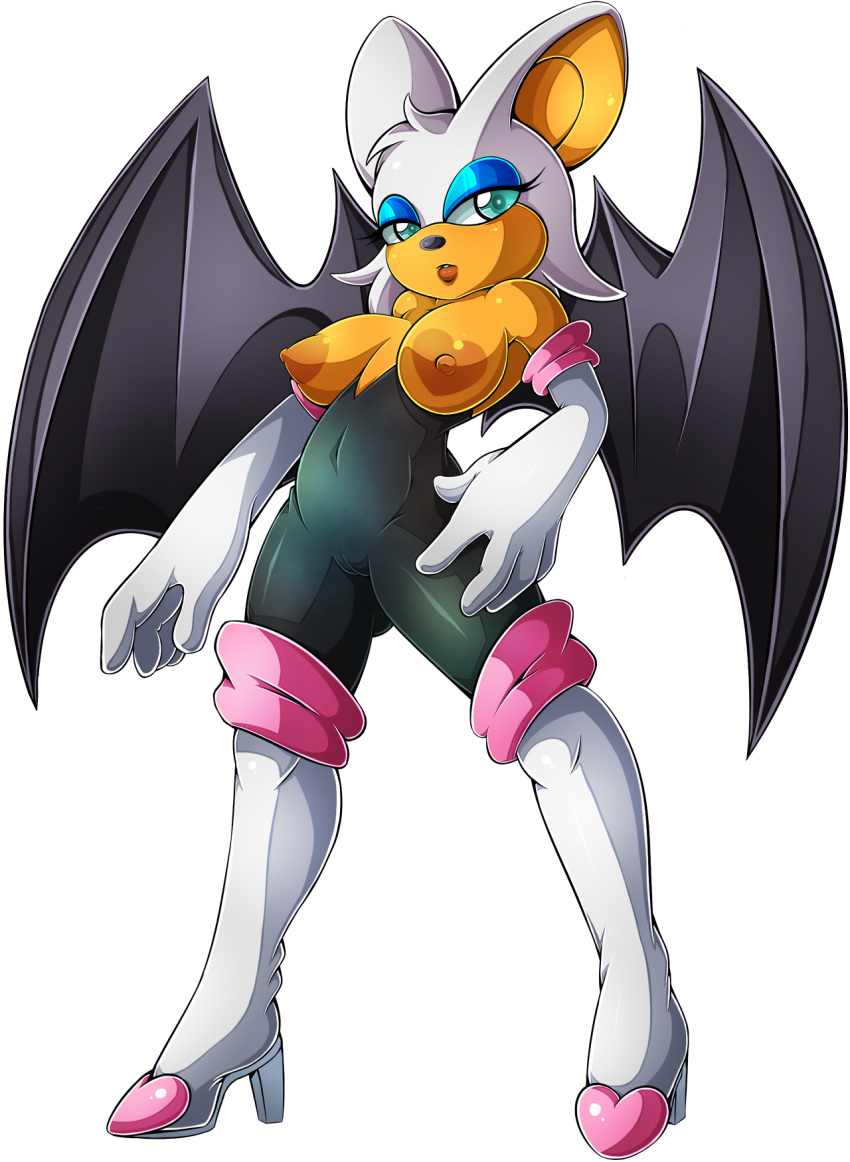 1girl 1girl 2017 anthro areola bat big_breasts blue_eyes breasts cameltoe clothing erect_nipples eyelashes eyeshadow footwear furry gloves heart_nipples high_heels lips makeup mammal nipples rouge_the_bat sega shoes skinsuit suddenhack tight_clothing wings